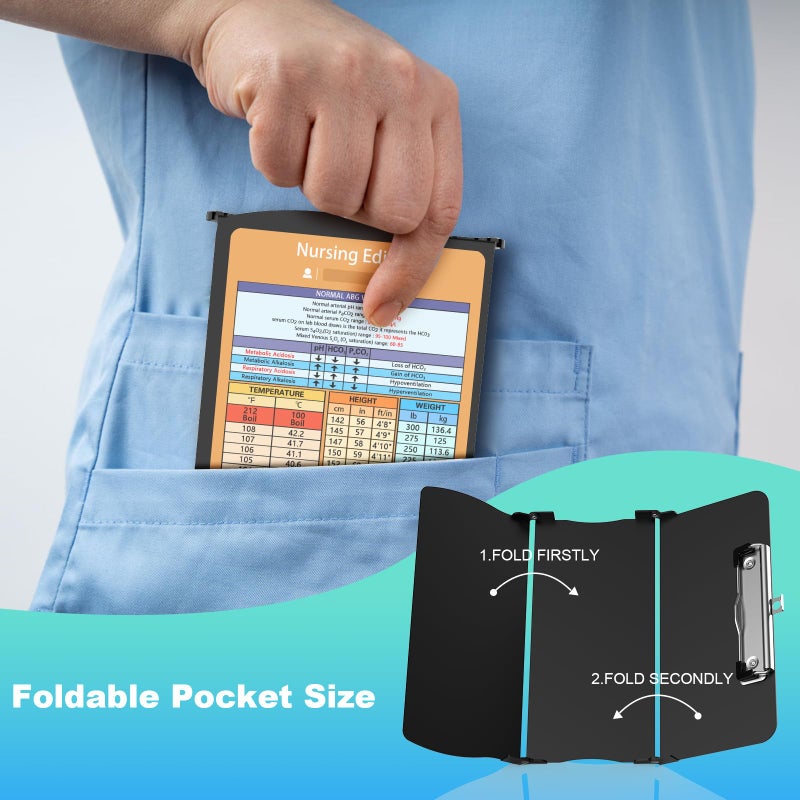Cooperwin Nursing Clipboard Trifold Foldable  3 Layers Aluminum Nurse Clipboards with Nursing Edition Cheat Sheets  Folding Pocket Size for Students Nurses Doctors - Black - Image 2